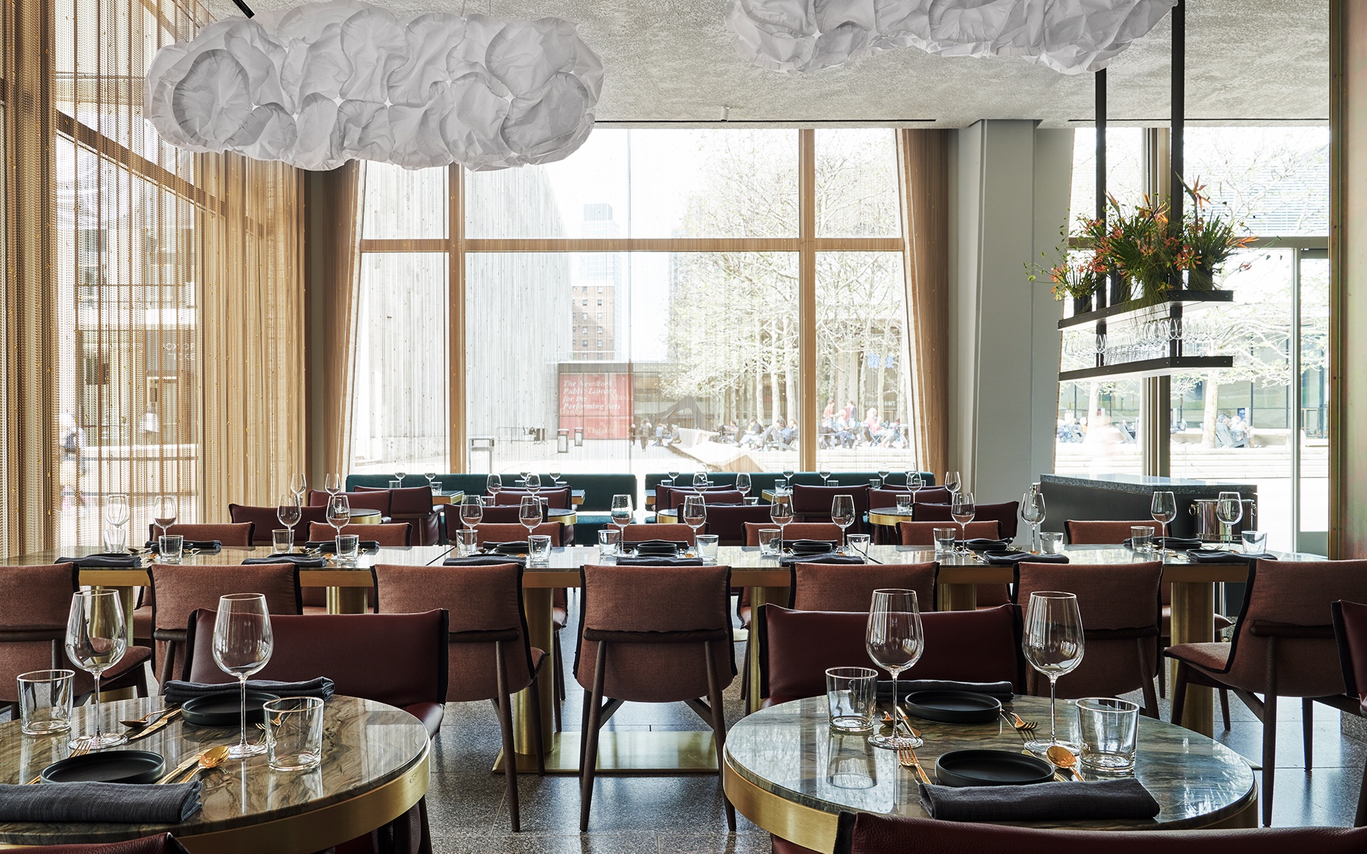 Elegant restaurant dining room with city views