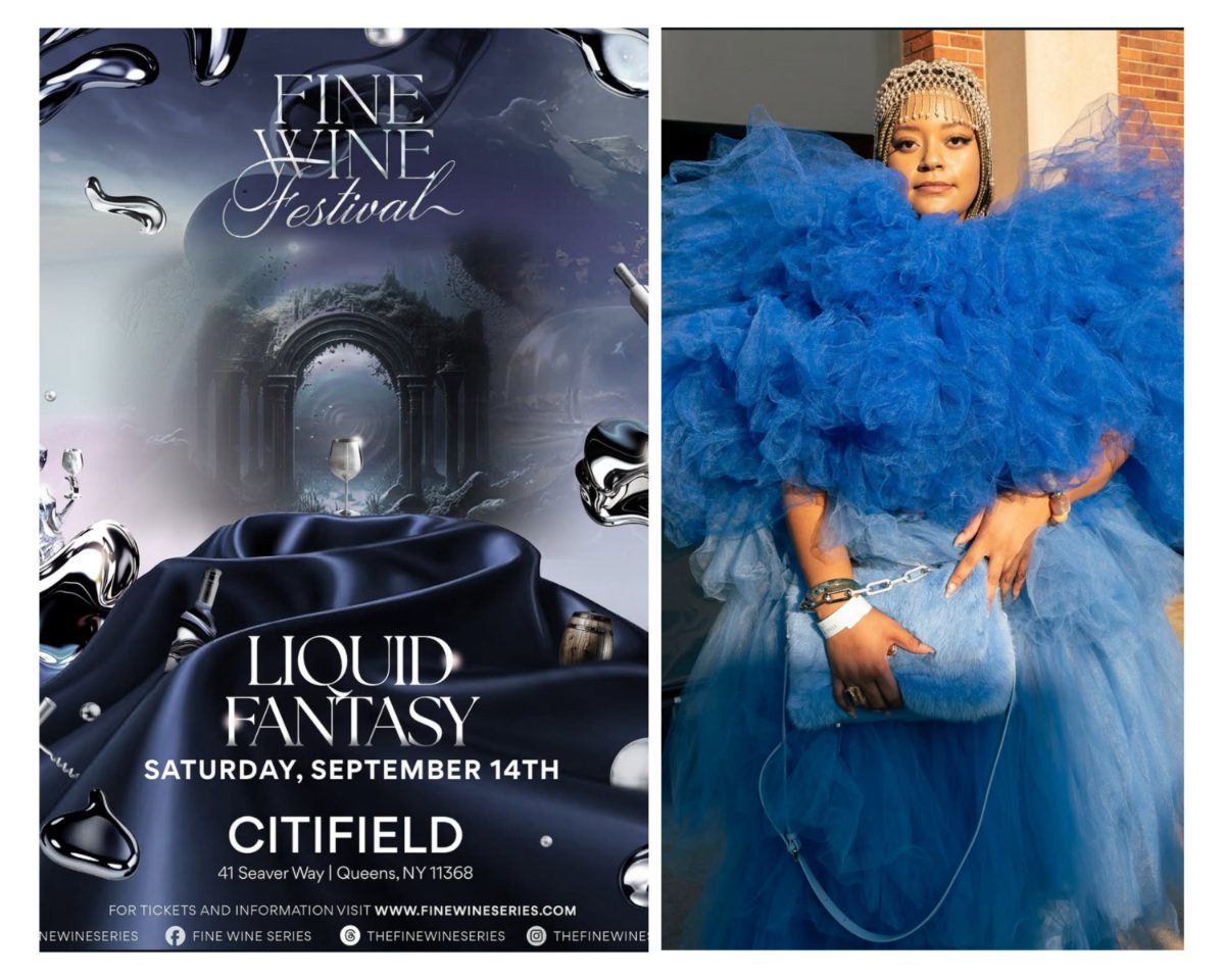 "Liquid Fantasy" Fine Wine Festival poster beside a woman in a blue tulle gown