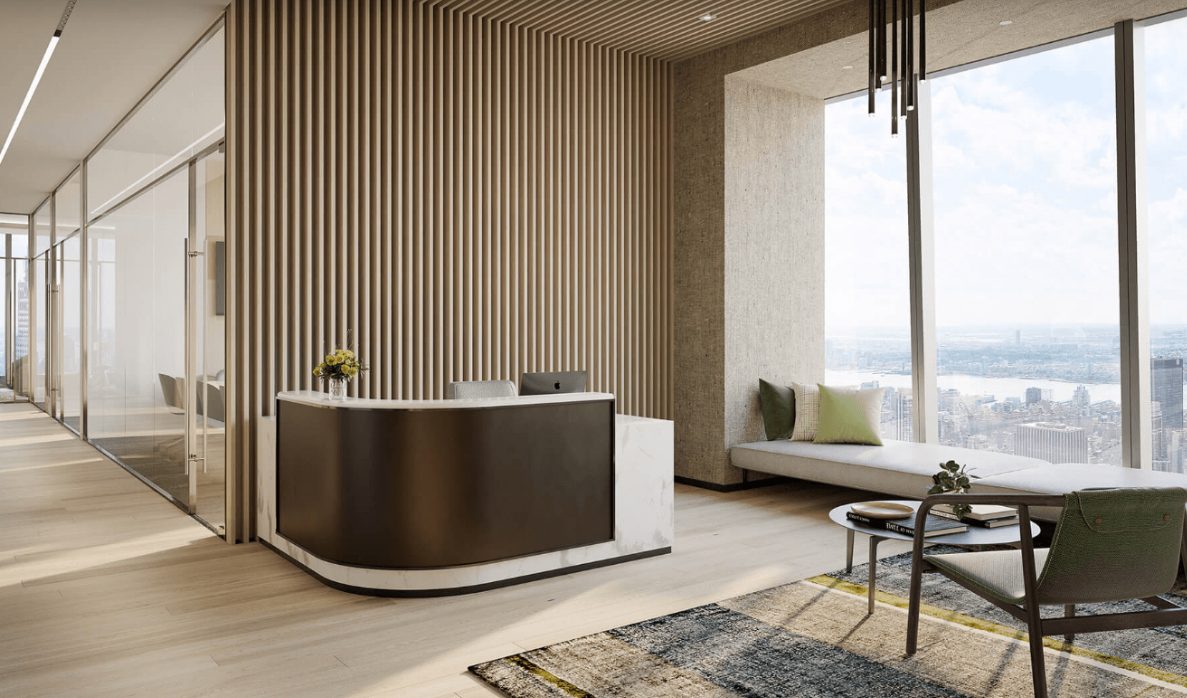 Bright modern office lobby with city views